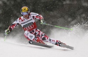 Hirscher of Austria clears gate during men's Alpine Skiing World Cup giant slalom in Garmisch-Partenkirchen